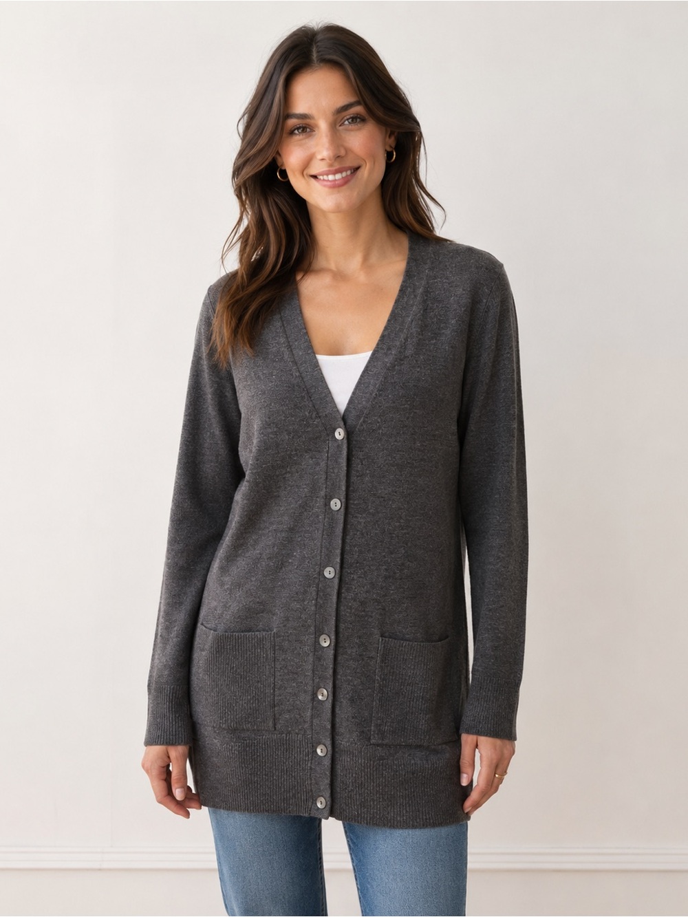 Brooks Brothers Charcoal Button-Front V-Neck Cardigan